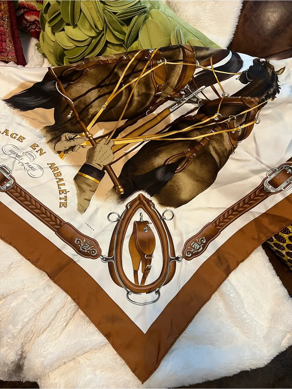 Hermes Brown and Cream Horse-Drawn Carriage Silk Scarf